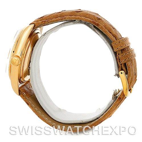 This image shows a side view of a Rolex President 1807 Men's Yellow Gold Champagne Dial 1807 Men's Yellow Gold Champagne Dial model with a brown leather strap.