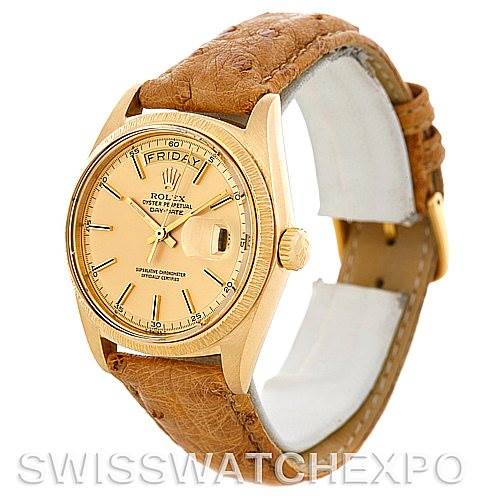 The Rolex President 1807 Men's Yellow Gold Champagne Dial 1807 Men's Yellow Gold Champagne Dial watch is shown from an angled view highlighting the face, bezel, crown, and leather strap.