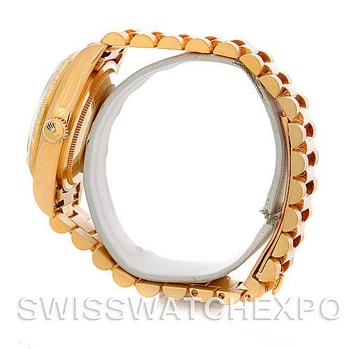 This side view image shows the bracelet and case of a Rolex President 18078 Men's Yellow Gold Champagne Dial 18078 Men's Yellow Gold Champagne Dial model watch in gold.