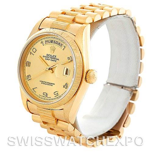 The image shows a Rolex President 18078 Men's Yellow Gold Champagne Dial 18078 Men's Yellow Gold Champagne Dial model watch from a front angle, highlighting its gold body, bracelet, and dial.