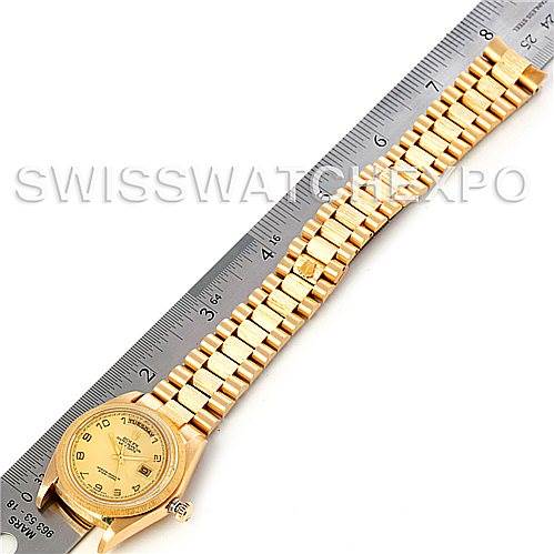 The image shows a Rolex President 18078 Men's Yellow Gold Champagne Dial 18078 Men's Yellow Gold Champagne Dial model watch laid flat with the face and bracelet fully visible next to a ruler.