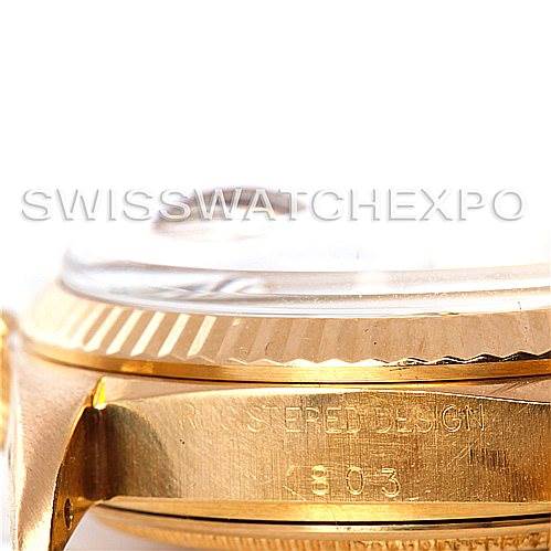 The image shows a close-up side view of the President model by Rolex, focusing on the edge of the case and some of the crown.