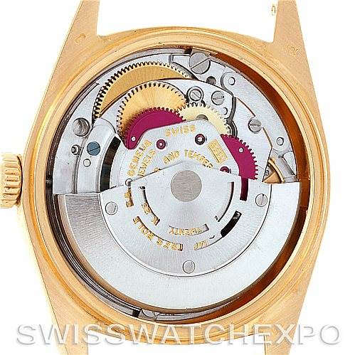 This image shows the internal mechanism and movement of a Rolex President 1803 Men's Yellow Gold White Dial 1803 Men's Yellow Gold White Dial watch, viewed from the back with the case removed.
