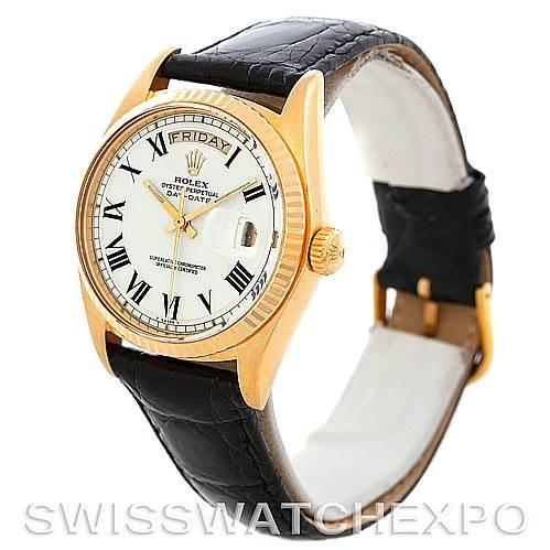 This image shows a Rolex President 1803 Men's Yellow Gold White Dial 1803 Men's Yellow Gold White Dial model watch at a three-quarter angle, highlighting the dial, bezel, case, and leather strap.