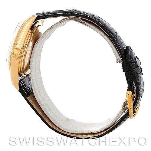 The image shows a side view of a Rolex President 1803 Men's Yellow Gold White Dial 1803 Men's Yellow Gold White Dial model watch, highlighting its gold case and black leather strap.