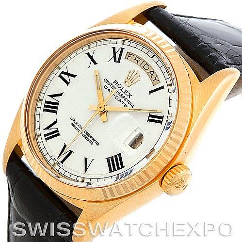 This image shows a close-up, angled view of the Rolex President 1803 Men's Yellow Gold White Dial 1803 Men's Yellow Gold White Dial model, highlighting the dial, bezel, and part of the leather strap.