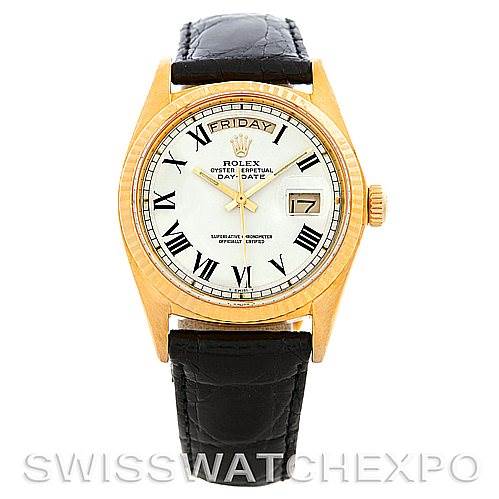 The image shows a front view of a Rolex President 1803 Men's Yellow Gold White Dial 1803 Men's Yellow Gold White Dial model watch, featuring a gold case, white dial with Roman numerals, and a black leather strap.
