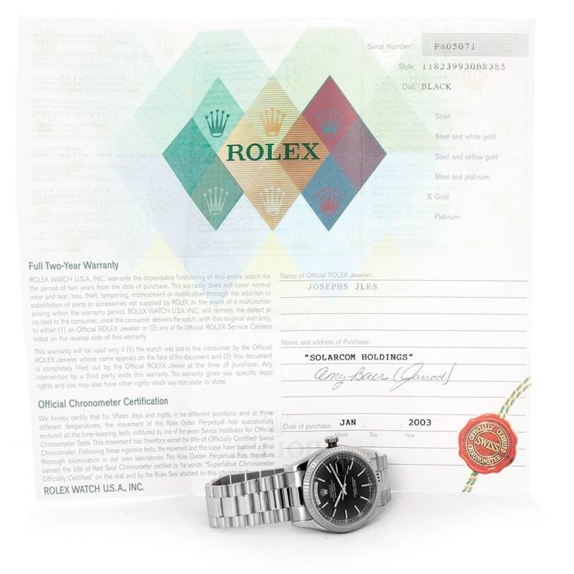 The image shows a Rolex President 118239 Men's White Gold Black Dial 118239 Men's White Gold Black Dial model watch placed in front of warranty and certification paperwork.