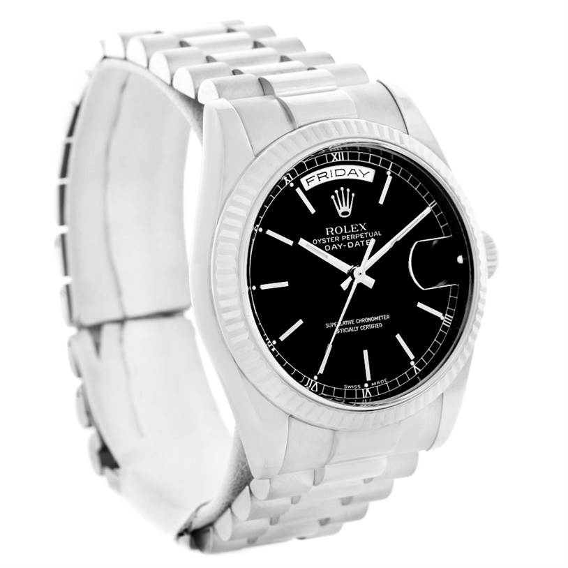 The image shows a three-quarter angle view of a Rolex President 118239 Men's White Gold Black Dial 118239 Men's White Gold Black Dial model, featuring the watch face, bezel, and bracelet.