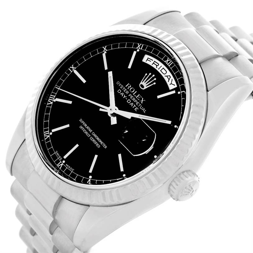 The image shows a Rolex President 118239 Men's White Gold Black Dial 118239 Men's White Gold Black Dial model watch at an angle displaying the face, bracelet, bezel, and crown.