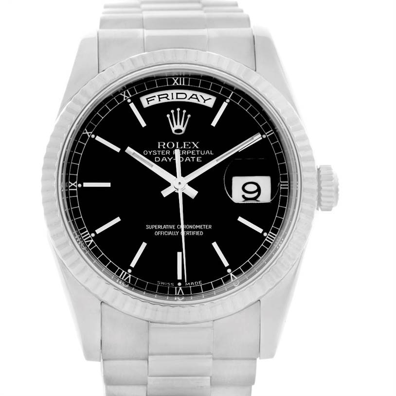 The image shows a front view of a Rolex President 118239 Men's White Gold Black Dial 118239 Men's White Gold Black Dial model watch, highlighting the dial, day and date display, and part of the bracelet.