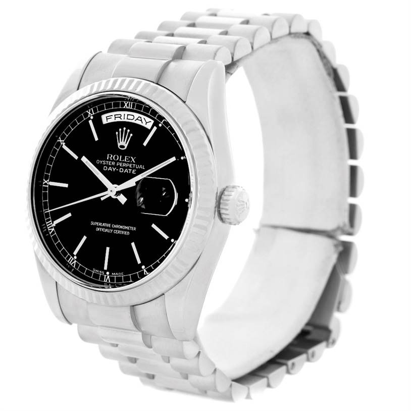 The Rolex President 118239 Men's White Gold Black Dial 118239 Men's White Gold Black Dial model watch is shown at a slight side angle, highlighting the face, bezel, crown, and part of the bracelet.