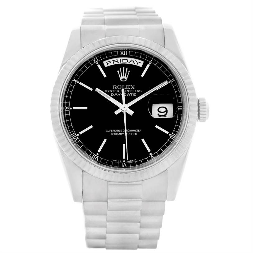 The image shows a frontal view of the Rolex President 118239 Men's White Gold Black Dial 118239 Men's White Gold Black Dial Day-Date watch, featuring its dial, case, bezel, and bracelet.