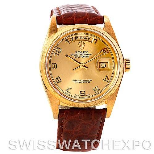 This image shows a front view of a Rolex President 18078 Men's Yellow Gold Champagne Dial 18078 Men's Yellow Gold Champagne Dial model watch with a gold dial and brown leather strap.