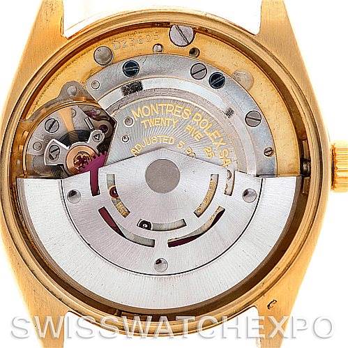This image shows the internal mechanism of a Rolex President 1005 Men's Yellow Gold Silver Dial 1005 Men's Yellow Gold Silver Dial watch, viewed from the back without the case back.