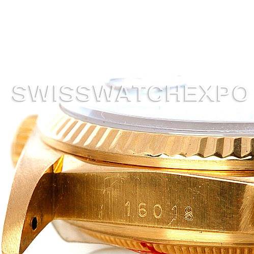 This is a close-up side angle shot of a Rolex President 16018 Men's Yellow Gold Blue Dial 16018 Men's Yellow Gold Blue Dial model watch, showing the case, bezel, and part of the crown, with the model number 16018 engraved.