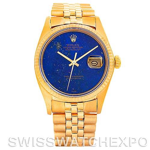 This image shows a Rolex President 16018 Men's Yellow Gold Blue Dial 16018 Men's Yellow Gold Blue Dial model watch from a front angle, highlighting the dial, case, crown, and bracelet.