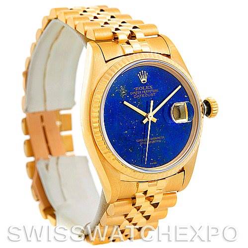 This image shows a side and front angle of the Rolex President 16018 Men's Yellow Gold Blue Dial 16018 Men's Yellow Gold Blue Dial model, highlighting its blue dial, gold case, and bracelet.