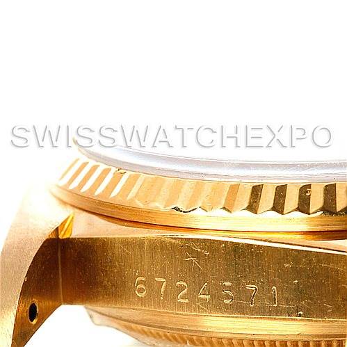 This image shows a close-up side view of the Rolex President 16018 Men's Yellow Gold Blue Dial 16018 Men's Yellow Gold Blue Dial model, highlighting the bezel and part of the case with the serial number.