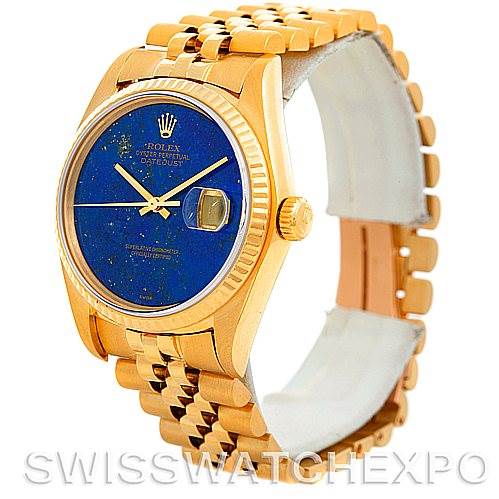 The image shows a Rolex President 16018 Men's Yellow Gold Blue Dial 16018 Men's Yellow Gold Blue Dial model watch at an angle, highlighting its gold case, blue dial, date window, and gold bracelet.
