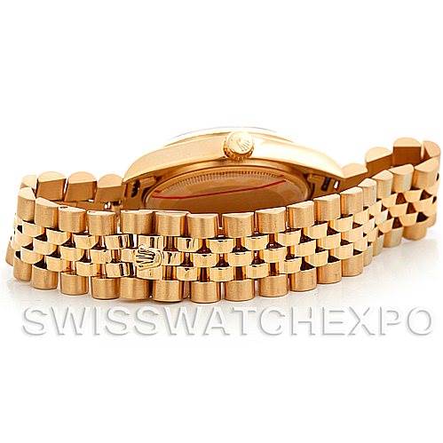 This image shows a side view of a Rolex President 16018 Men's Yellow Gold Blue Dial 16018 Men's Yellow Gold Blue Dial model, highlighting its gold case, crown, and bracelet.