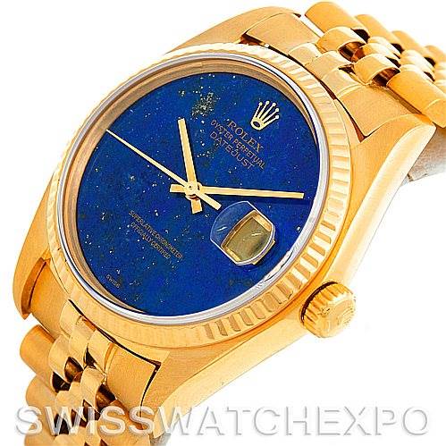 The image shows a Rolex President 16018 Men's Yellow Gold Blue Dial 16018 Men's Yellow Gold Blue Dial watch with a gold case, blue dial, fluted bezel, and day-date window, angled from the front-left side.