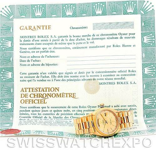 The image features a Rolex President 18038 Men's Yellow Gold Champagne Dial 18038 Men's Yellow Gold Champagne Dial model watch alongside its warranty and chronometer certification documents.