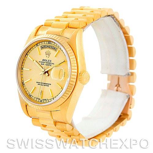 The image shows a Rolex President 18038 Men's Yellow Gold Champagne Dial 18038 Men's Yellow Gold Champagne Dial model watch at an oblique angle, highlighting the golden bracelet, crown, and face with day-date display.