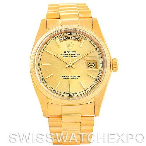 The image shows a front view of a Rolex President 18038 Men's Yellow Gold Champagne Dial 18038 Men's Yellow Gold Champagne Dial model watch, displaying the watch face, bezel, bracelet, and crown.