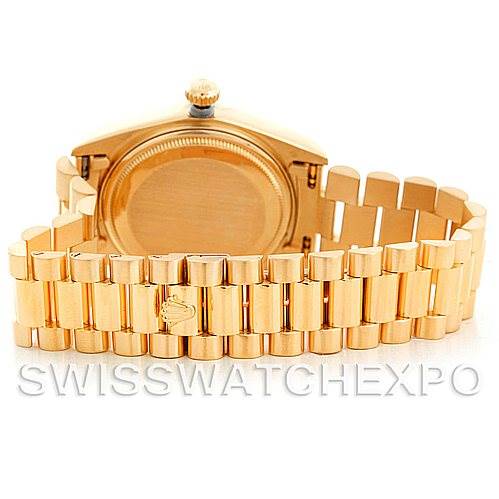 The image shows the back view of a Rolex President 18038 Men's Yellow Gold Champagne Dial 18038 Men's Yellow Gold Champagne Dial model watch, highlighting the case back and the gold bracelet.