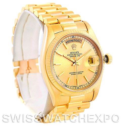 The image shows a Rolex President 18038 Men's Yellow Gold Champagne Dial 18038 Men's Yellow Gold Champagne Dial model watch at a side angle, highlighting the face, bezel, bracelet, and crown.