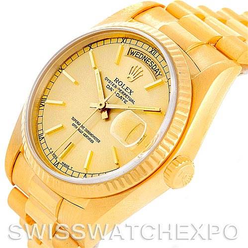 The image shows a close-up view of the Rolex President 18038 Men's Yellow Gold Champagne Dial 18038 Men's Yellow Gold Champagne Dial model watch, highlighting the face, bezel, and part of the bracelet.
