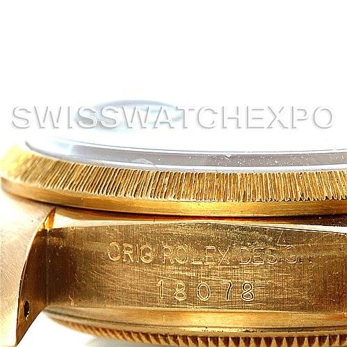 This image shows a close-up side angle of the case and bezel of the Rolex President 18078 Men's Yellow Gold Black Dial 18078 Men's Yellow Gold Black Dial model 18078.