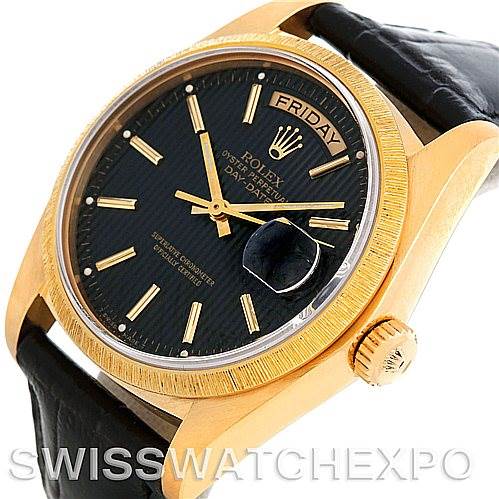 The image shows a close-up of the Rolex President 18078 Men's Yellow Gold Black Dial 18078 Men's Yellow Gold Black Dial Day-Date's watch face, bezel, case, and crown, viewed from a front-side angle.
