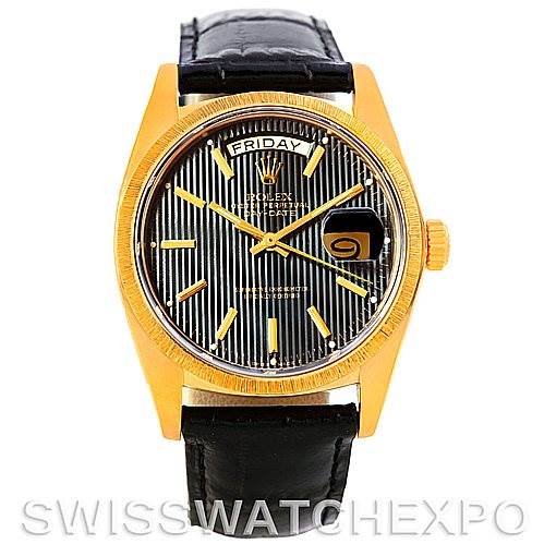 This image shows a front view of a Rolex President 18078 Men's Yellow Gold Black Dial 18078 Men's Yellow Gold Black Dial model watch, highlighting its face, gold bezel, and black leather strap.