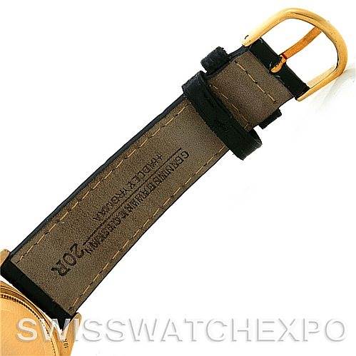 This image shows the underside of the leather strap and gold buckle of a Rolex President 18078 Men's Yellow Gold Black Dial 18078 Men's Yellow Gold Black Dial model watch.