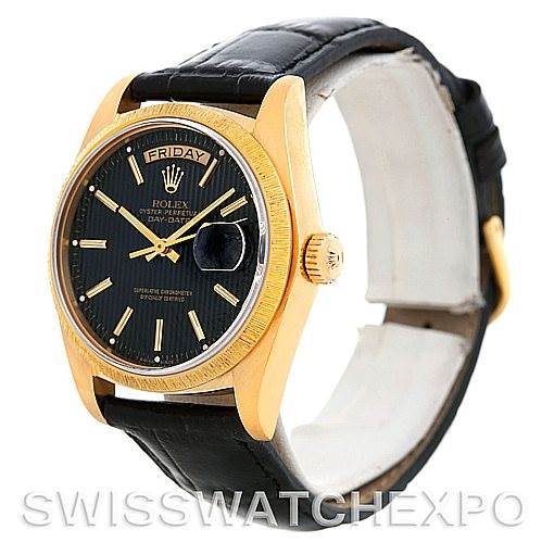 The image shows a Rolex President 18078 Men's Yellow Gold Black Dial 18078 Men's Yellow Gold Black Dial model watch at an angled side view, displaying the face, bezel, lugs, crown, and leather strap.