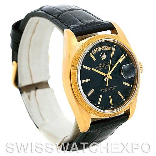 The image shows a Rolex President 18078 Men's Yellow Gold Black Dial 18078 Men's Yellow Gold Black Dial model watch at a side-front angle, highlighting the dial, bezel, and leather strap.