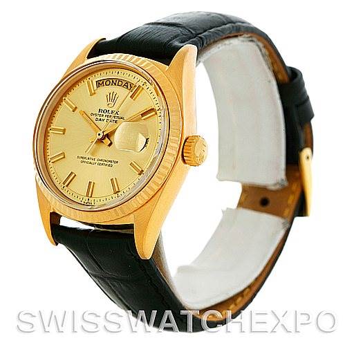 This image shows a side angle and front view of the Rolex President 1803 Men's Yellow Gold Champagne Dial 1803 Men's Yellow Gold Champagne Dial model watch with a gold case and black leather strap.