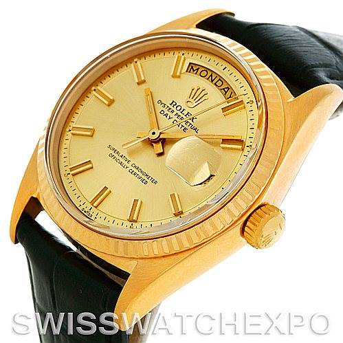 The image shows the front dial and side profile, including the crown and strap, of a Rolex President 1803 Men's Yellow Gold Champagne Dial 1803 Men's Yellow Gold Champagne Dial model watch.