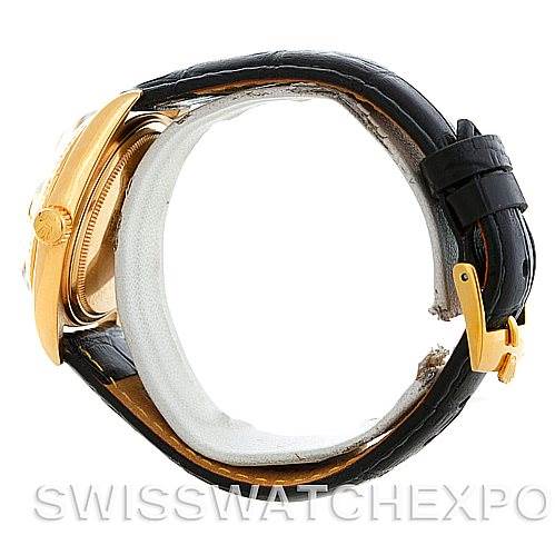 The image shows a side view of a Rolex President 1803 Men's Yellow Gold Champagne Dial 1803 Men's Yellow Gold Champagne Dial watch, highlighting the case, crown, and leather strap with a clasp.