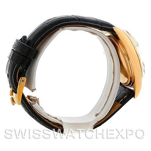 This image shows a side view of the Rolex President 1803 Men's Yellow Gold Champagne Dial 1803 Men's Yellow Gold Champagne Dial model watch, displaying its leather strap and gold case.