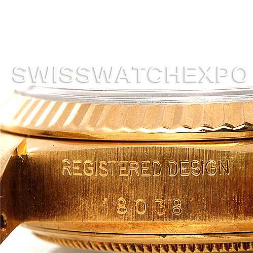 This image shows a close-up side view of the Rolex President 18038 Men's Yellow Gold Champagne Dial 18038 Men's Yellow Gold Champagne Dial model's case, featuring the registered design and the model number 18038.