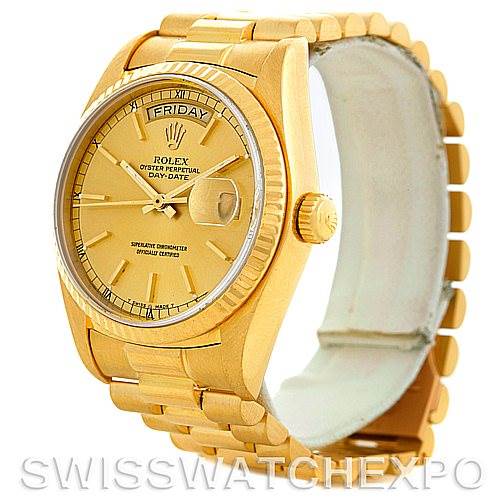The image shows a side angle view of a Rolex President 18038 Men's Yellow Gold Champagne Dial 18038 Men's Yellow Gold Champagne Dial model watch, highlighting the dial, bezel, crown, and bracelet.