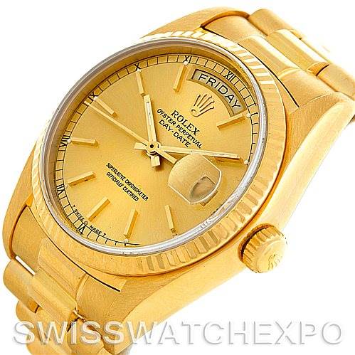 The image shows a Rolex President 18038 Men's Yellow Gold Champagne Dial 18038 Men's Yellow Gold Champagne Dial model watch from an angled top-down view, highlighting the dial, case, bezel, and bracelet.