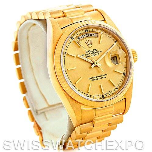 The Rolex President 18038 Men's Yellow Gold Champagne Dial 18038 Men's Yellow Gold Champagne Dial model watch is shown at an angled front view, displaying its face, bracelet, crown, and day-date features.