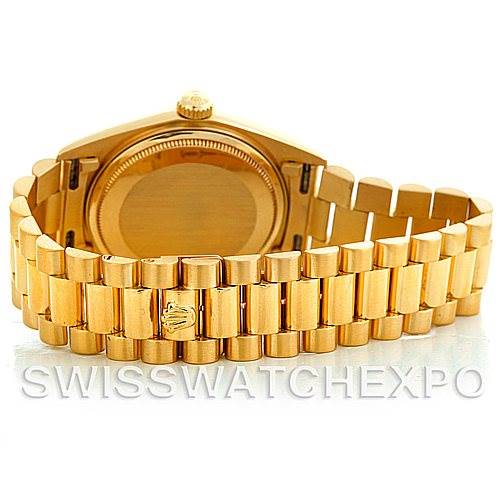 The image shows the backside and bracelet of a Rolex President 18038 Men's Yellow Gold Champagne Dial 18038 Men's Yellow Gold Champagne Dial model watch, highlighting the gold strap and clasp.