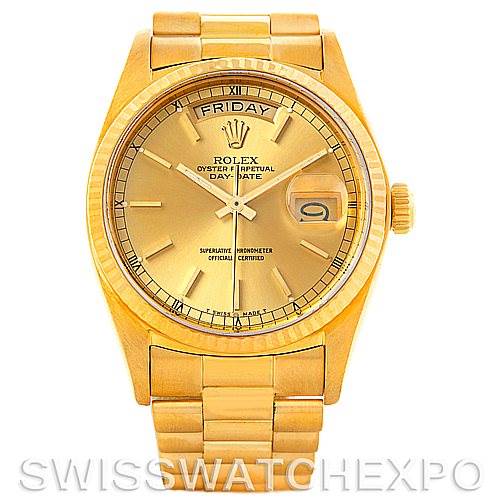 The image shows a frontal view of a Rolex President 18038 Men's Yellow Gold Champagne Dial 18038 Men's Yellow Gold Champagne Dial model with a gold bracelet and day-date display.
