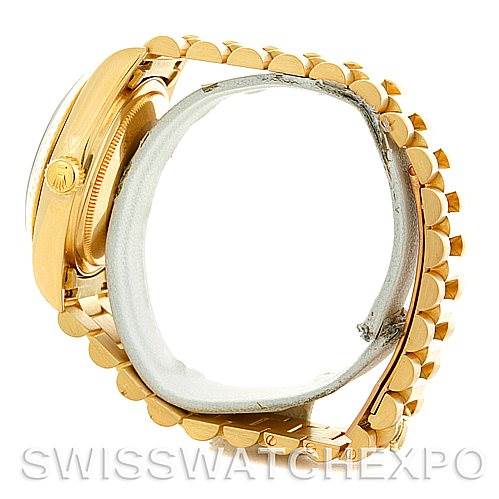 The image shows a side view of a Rolex President 18038 Men
s Yellow Gold Champagne Dial 18038 Men
s Yellow Gold Champagne Dial model watch, highlighting the gold case, crown, and bracelet.