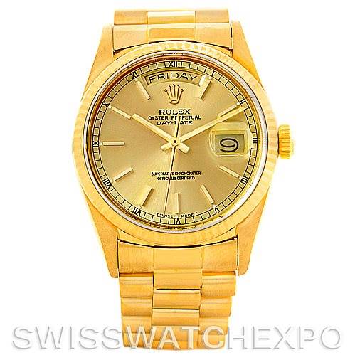 The image shows a front view of a Rolex President 18038 Men
s Yellow Gold Champagne Dial 18038 Men
s Yellow Gold Champagne Dial model watch, featuring its dial, bezel, and bracelet.